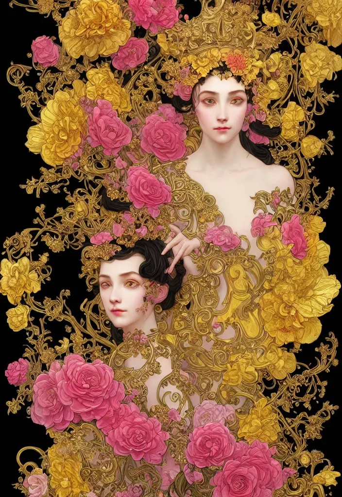 Image similar to beautiful black pink yellow, complicated gold and pink flowers in baroque style headwears, dark fantasy, intricate, elegant, highly detailed, digital painting, artstation, concept art, matte, 3 d 8 k octane rendered, sharp focus, illustration, octane rendered, art by artgerm and alphonse mucha, leesha hannigan