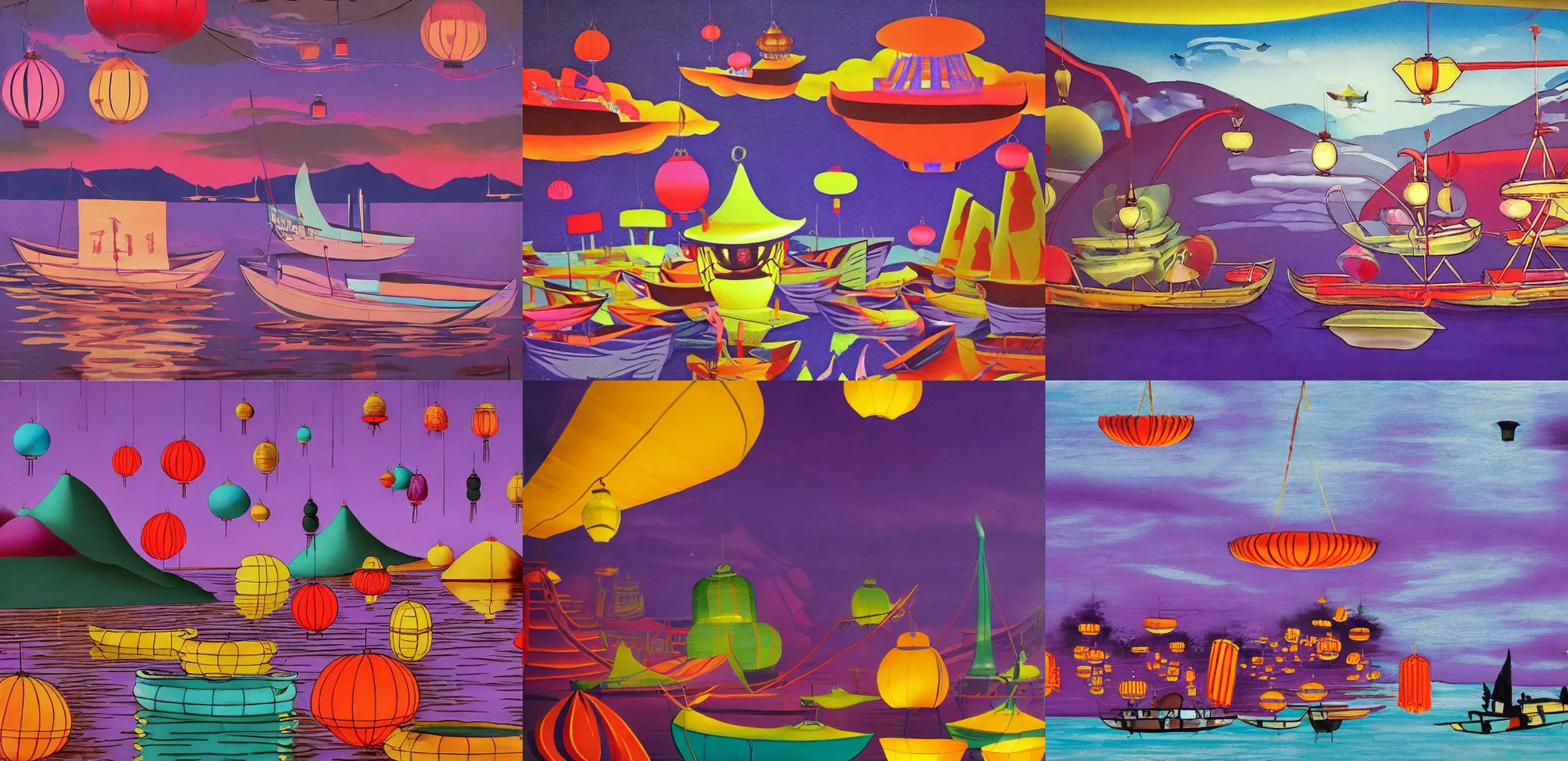 Prompt: absurdist acrylic retro futuristic boats on river hills in background asian lanterns purple and red hues, surrealism, ornate, oriental