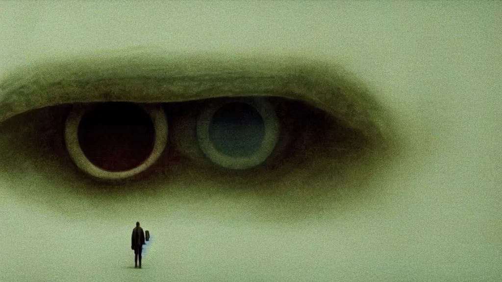 Image similar to the strange creature from my eye, we ait in line at the bank, film still from the movie directed by denis villeneuve and david cronenberg with art direction by salvador dali and zdzisław beksinski, wide lens