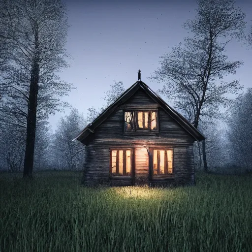 Image similar to an abandoned cottage in the middle of the forest at night, 8k, photorealistic, very detailed, cinematic, point perspective, UHD