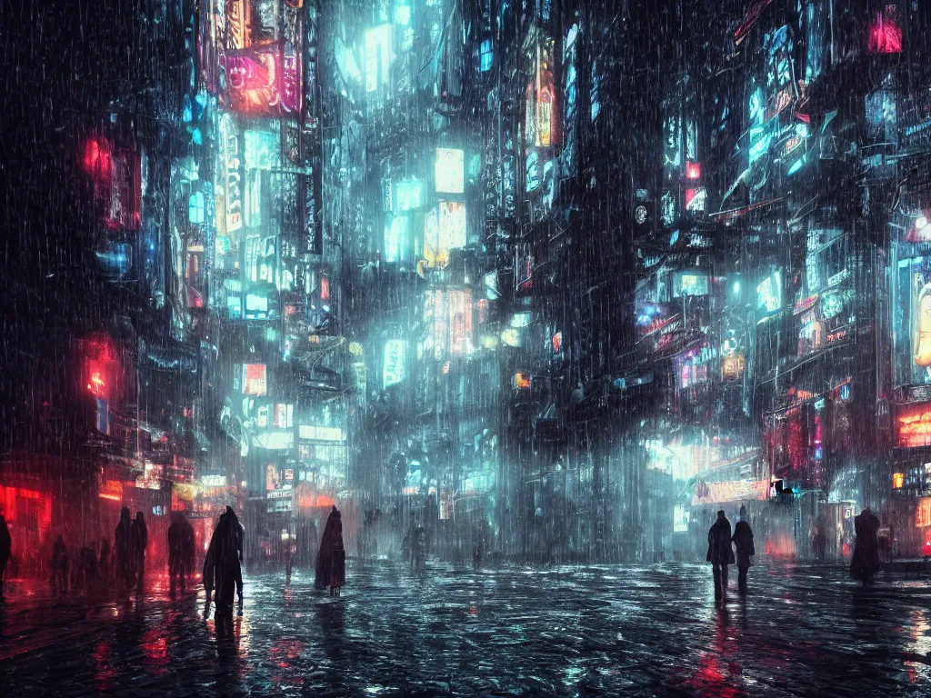 Image similar to Rainy atmosphere with people wearing umbrellas, cinematic, volumetric lighting, dramatic colors, hdr, photorealistic, trending on artstation, centered, intricate details, 4k, high-detail, high contrast, cyberpunk style, 8k