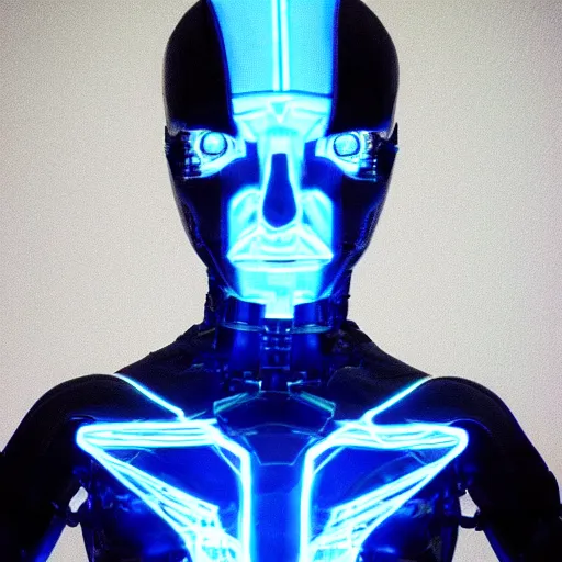 Prompt: a male cybernetic person with blue glowing eyes, frontal view, cool looking