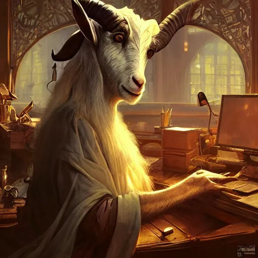 Image similar to a wicked old Goat, surrounded by Computers, D&D, fantasy, intricate, cinematic lighting, highly detailed, digital painting, artstation, concept art, smooth, sharp focus, illustration, art by Artgerm and Greg Rutkowski and Alphonse Mucha