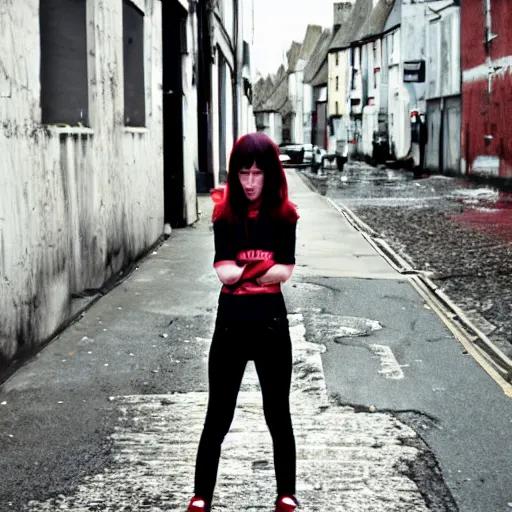 Image similar to a pale emo girl, messy black / red hair, british street background, canon powershot a 5 0, 2 0 0 6