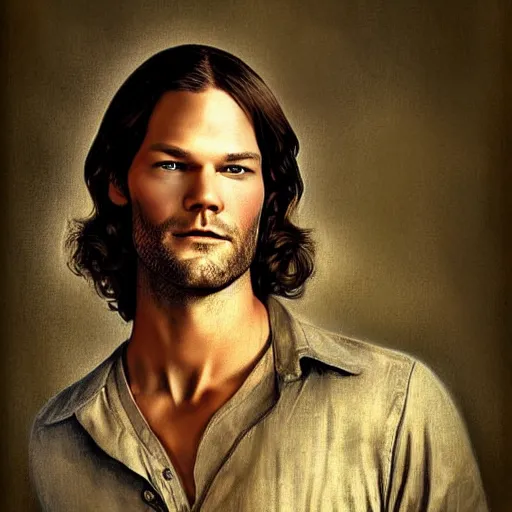 Image similar to Stunning portrait of handsome Jared Padalecki as an angel, in the style of norman rockwell, digital art