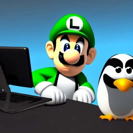 Image similar to luigi sitting next to penguin tux in front of a computer, cute digital art, 4 k