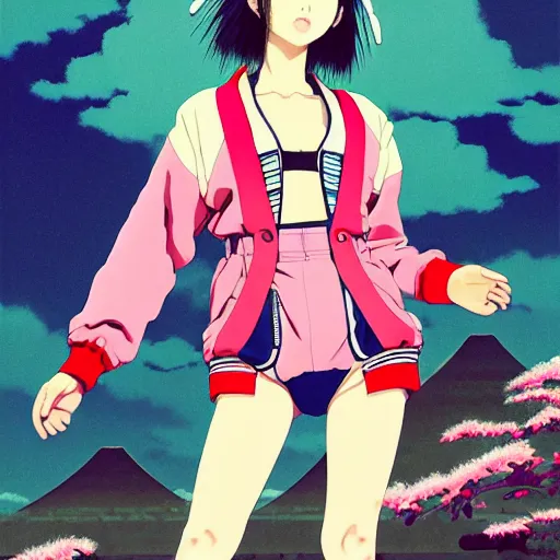 Image similar to a beautiful japanese natalie portman gravure model, wearing oversized native designer bomber jacket and leotard with overalls, bulky poofy bomber jacket with mesoamerican patterns, mesoamerican native street fashion, gapmoe yandere grimdark, trending on pixiv fanbox, painted by greg rutkowski makoto shinkai takashi takeuchi studio ghibli, akihiko yoshida