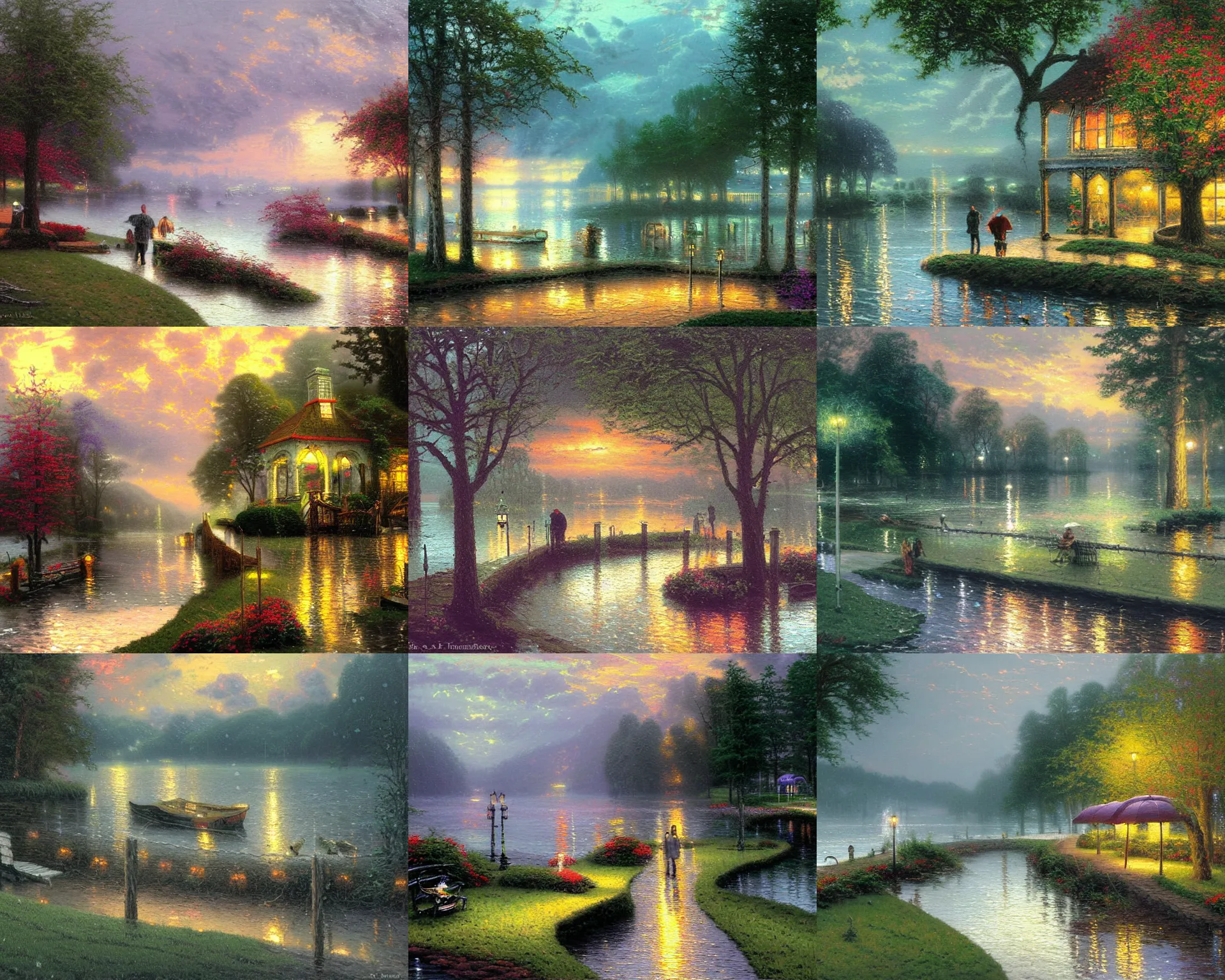 Prompt: rainy day by the lake, painting by thomas kinkade an h. r. giger