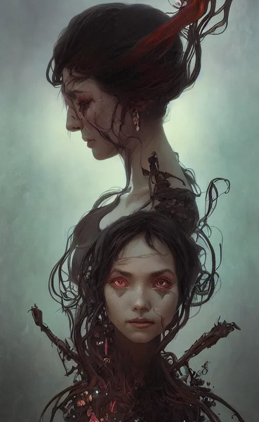 Prompt: portrait of a dark girl with death on mind , surreal, intricate, headshot, highly detailed, digital painting, artstation, concept art, cinematic lighting, illustration, art by artgerm and greg rutkowski, alphonse mucha, cgsociety, science fiction