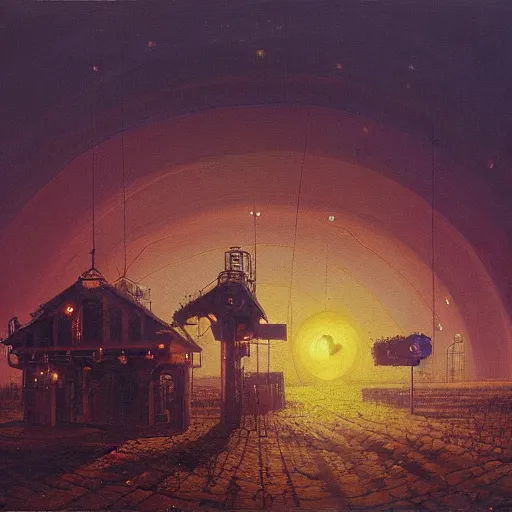 Prompt: painting of beksinski artlilery scifi organic shaped gas station with ornate metal work lands on a farm, fossil ornaments, volumetric lights, purple sun, andreas achenbach