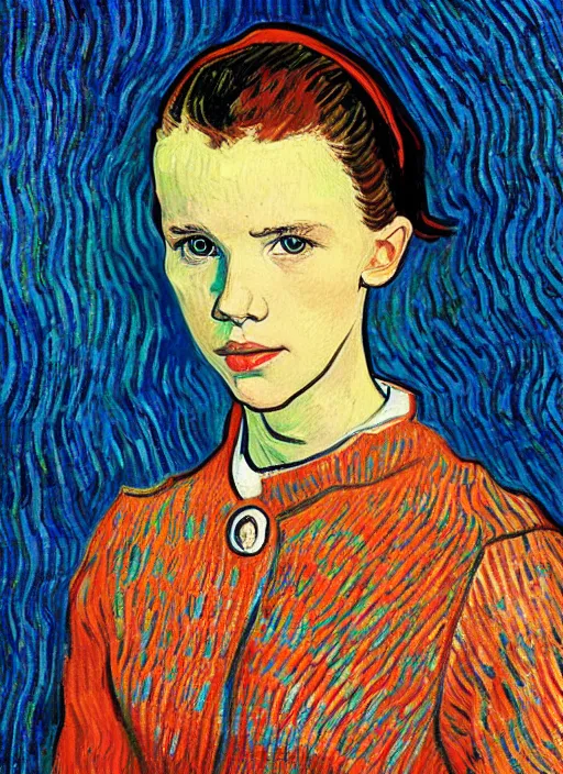 Prompt: Portrait of Millie Bobby Brown by Vincent Van Gogh