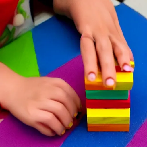 Image similar to photo of a girl's hand with beautiful fingernails made out of jenga blocks