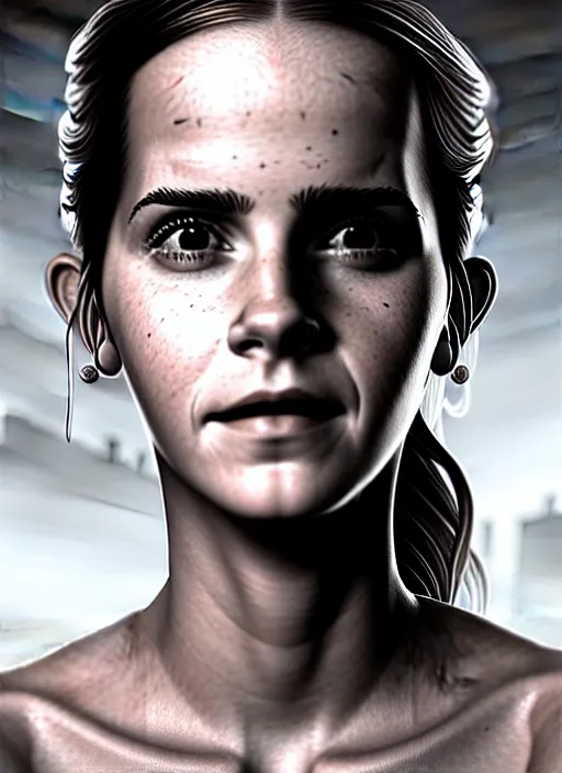 Prompt: 3 / 4 portrait, emma watson, crown, transparent skin, muscle, bones, veins, nerves, hyperrealism, detailed, photorealistic, cyberpunk apocalyptic city, futuristic, ultra realistic, cinematic, intricate, cinematic light, unreal engine 8 k, octane render, unreal engine by charlie bowater, david kostic, stanley lau, artgerm