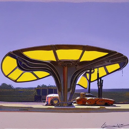 Image similar to painting of syd mead artlilery scifi organic shaped gas station with ornate metal work lands on a farm, fossil ornaments, volumetric lights, purple sun, beksinski