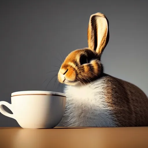 Image similar to hyperrealistic detailed medium shot low angle image, deep depth of field of fluffy brown rabbit sitting behind the table, in front of it cup of coffee with milk. small and structured. 8 k, 3 d render by roger magrini, very cohesive, masterpiece