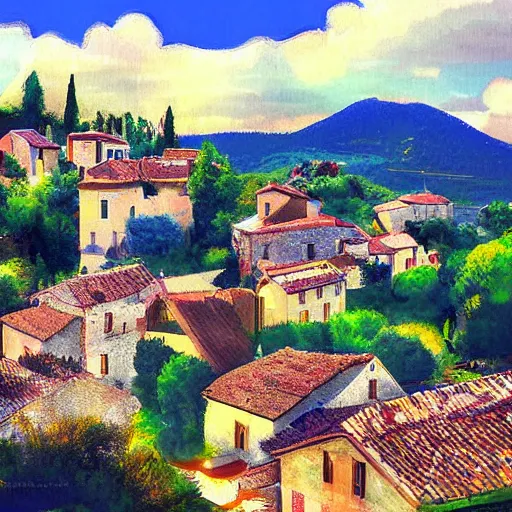 Prompt: village on a prominence in provence, digital art, blue skies