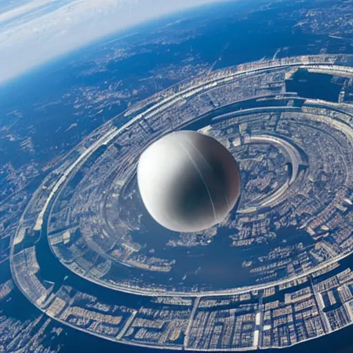 Image similar to a giant ring-shaped space station encircling a modern city hovering above the city, the ring is horizontal, surrounding the city, there are thick clouds surrounding the ring. In the center of the ring is clear blue sky