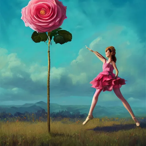 Image similar to portrait, giant rose flower head, girl dancing in a suit, surreal photography, sunrise, blue sky, dramatic light, impressionist painting, digital painting, artstation, simon stalenhag