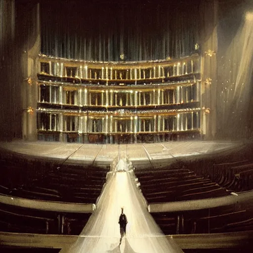Image similar to painting by greg rutkowski, interior of an opera house with a singer in a white dress on a lighted stage with an orchestra and audience in the hall