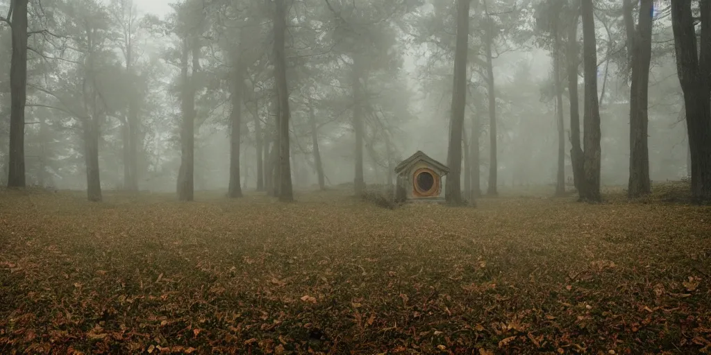 Image similar to a single tomb in the middle of a foggy forest, ornate, foggy