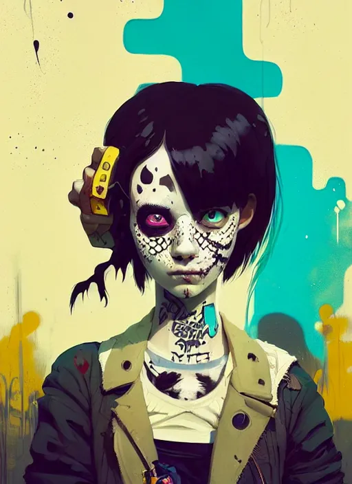 Image similar to highly detailed portrait of a sewer punk young lady with white graffiti face paint by atey ghailan, james gilleard, by joe fenton, by greg rutkowski, by greg tocchini, by kaethe butcher, 4 k resolution, gradient yellow, black, brown and cyan color scheme, grunge aesthetic!!! ( ( dystopian graffiti tag wall in background ) )