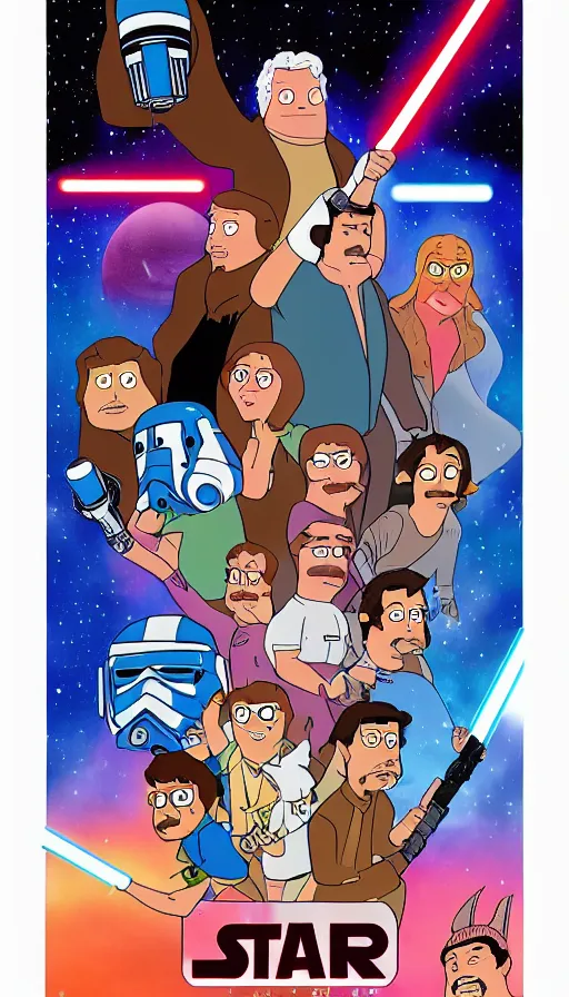 Image similar to movie poster bobs burger cast in star wars, highly detailed, hyper realistic, large text, bright colours