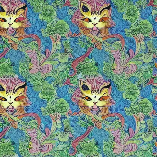 Prompt: watercolour psychedelic louis wain cat, wallpaper design, william morris wallpaper design, textile pattern, damask floral