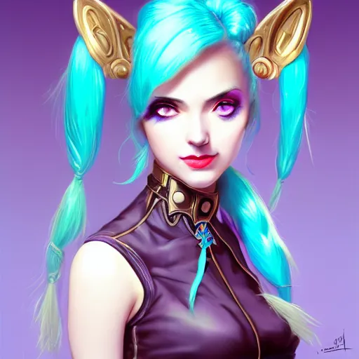 Prompt: a Portrait of JINX from League of Legends, blue hair, pigtail, intricate, elegant, highly detailed, digital painting, concept art, smooth, sharp focus, illustration, art by artgerm and greg rutkowski and alphonse mucha,artstation,deviantart,FAN ART,Unreal Engine,face enhance,8K,golden ratio,cinematic lighting H 704