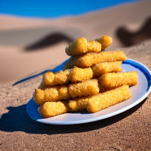 Prompt: cinematic shot of a plate of fish sticks sitting in the middle of a desert, 8k, ultra intricate, ultra detailed, depth of field, epic,