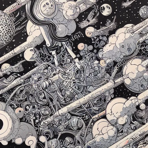 Prompt: james jean, mcbess art of a party in space, hyper detail