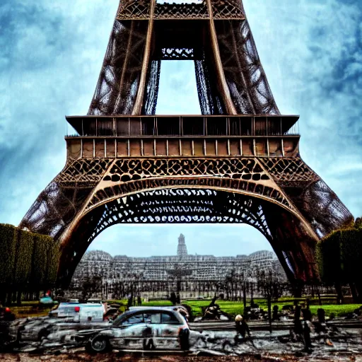 Image similar to photograph of the eiffel tower, post apocalyptic, hdr, 4 k, smoke, damaged cars, fire