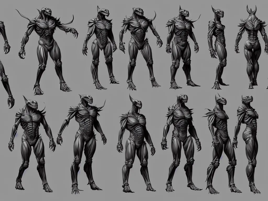 Image similar to game concept art sprite sheet, concept art, muscular, exoskeleton, bat head, turtle skin, hyperrealism, fine detail, artstation, cgsociety, zbrush, no background