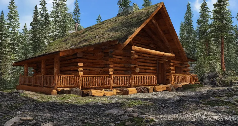 Image similar to an outside look of a log and stone cabin in a taiga with a view of two mountains with a valley in-between, 8k, cinematic, hyper-detailed, imax quality