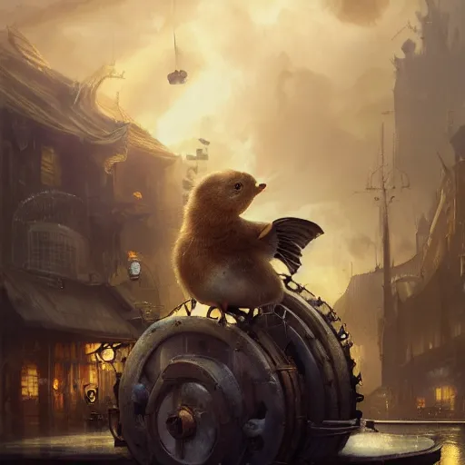 Prompt: hamster riding giant duck, oil painting, steampunk clothes, steampunk city background, sharp focus, fantasy style, octane render, volumetric lighting, 8k high definition, by greg rutkowski, highly detailed, trending on art Station, magic the gathering artwork explosions, centered