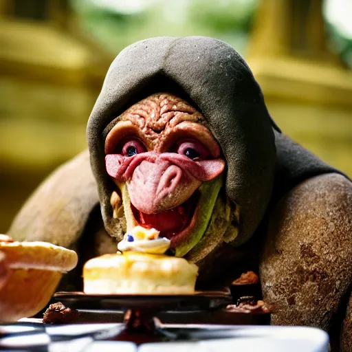 Image similar to closeup portrait of a medieval goblin eating cakes in the cloisters, depth of field, zeiss lens, detailed, symmetrical, centered, fashion photoshoot, by annie leibovitz and steve mccurry, david lazar, jimmy nelsson, breathtaking, 8 k resolution, extremely detailed, beautiful, establishing shot, artistic, hyperrealistic, beautiful face, octane render