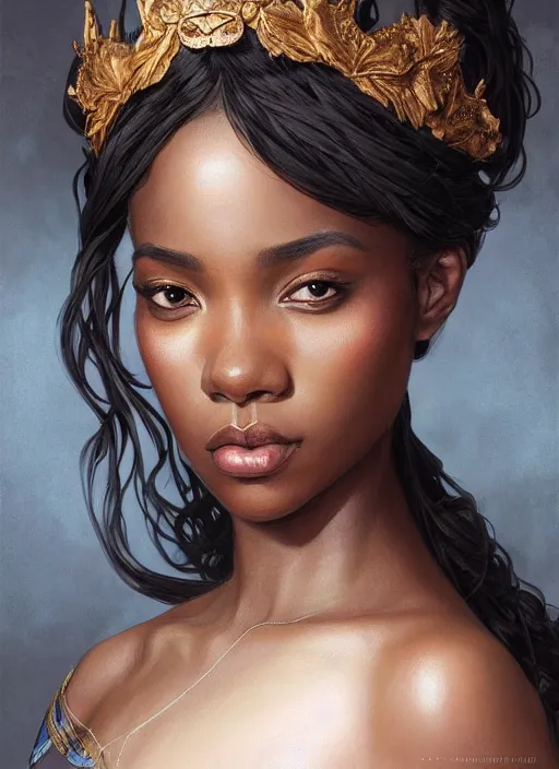 Prompt: portrait of a stunningly beautiful young black woman wearing a crown, highly detailed, digital painting, artstation, concept art, sharp focus, illustration, art by artgerm and greg rutkowski and alphonse mucha, incredibly beautiful and symmetrical face, incredibly detailed, award winning art, royal