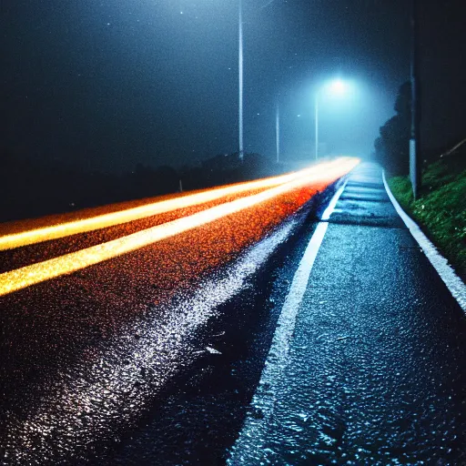 Image similar to first person viewpoint, night time POV, cyclist looking towards the end of a steep rain soaked suburban hilly road, night scene, wet road, filigrees of gold on the tarmac amber light, 90s