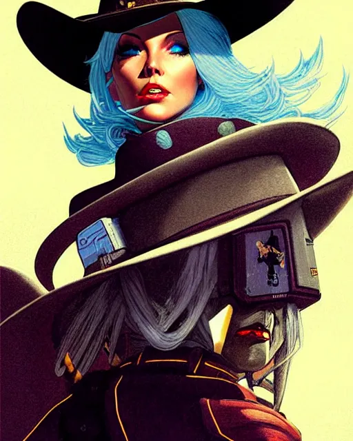 Image similar to ashe from overwatch, white hair, black cowboy hat, space cowgirl, character portrait, portrait, close up, concept art, intricate details, highly detailed, vintage sci - fi poster, retro future, in the style of chris foss, rodger dean, moebius, michael whelan, and gustave dore