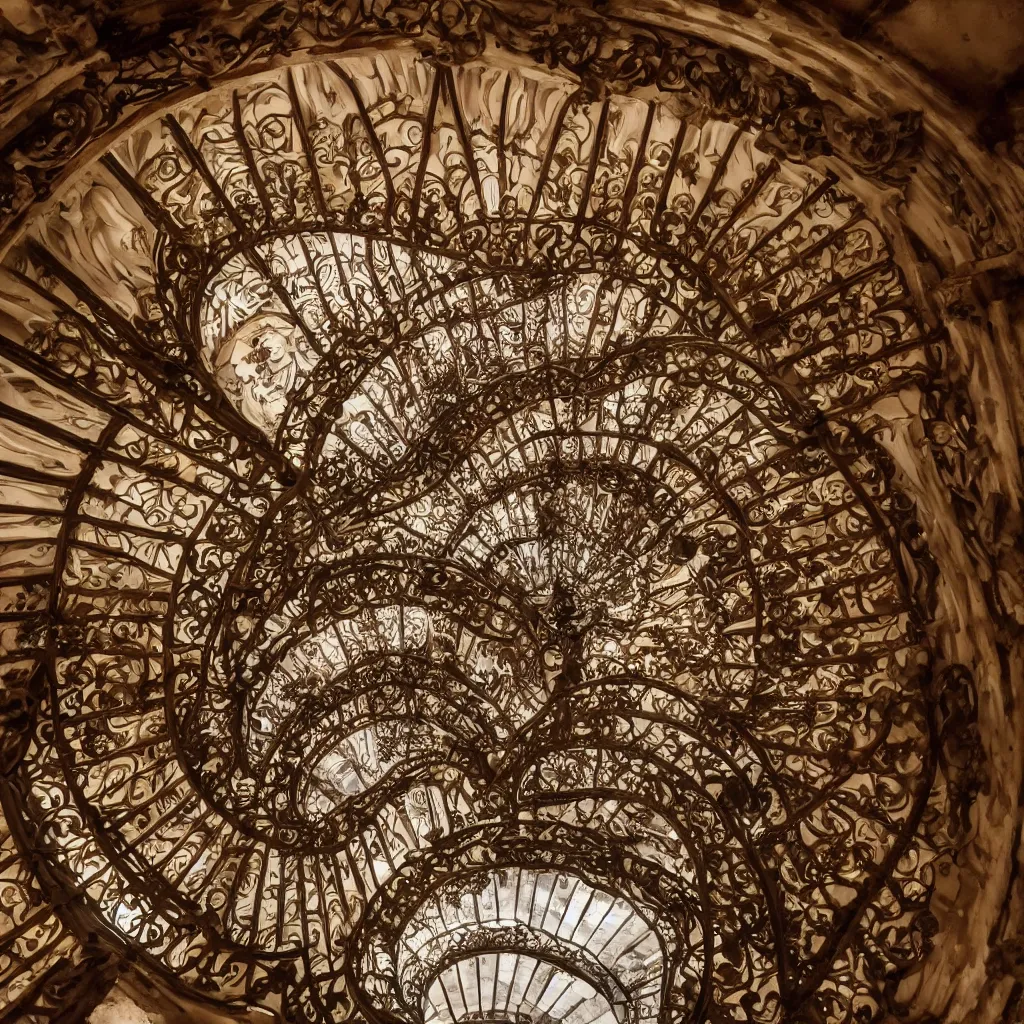 Image similar to , pareidolia. grand spiral stairs going down deep in the dark, with many doors ad ornamented widows, architecture by antoni gaudi, dramatic volumetric, cinematic light, cinematic photography, hyperrealist, high detailed