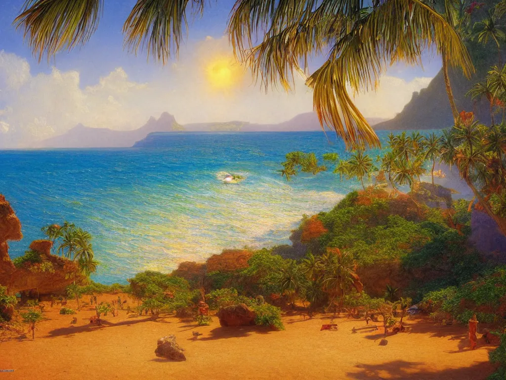 Image similar to Island beach cove at the center of the universe, Kauai, Sunlight Study, by Albert Bierstadt and ((((((((((Lisa Frank))))))))), Art Nouveau, 8k