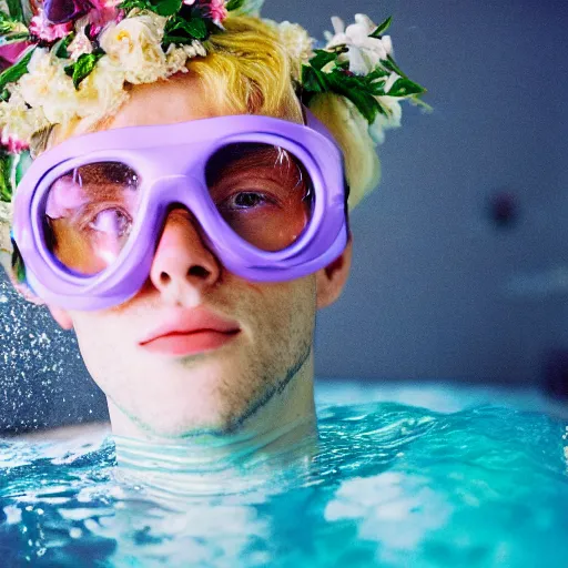 Image similar to close up kodak portra 4 0 0 face portrait photograph of a skinny guy with blonde hair submerged in a tub of milk, aerial view, wearing cyber goggles, flower crown, moody lighting, telephoto, 9 0 s vibe, blurry background, vaporwave colors, dream aesthetic, dreamy aesthetic, faded!,