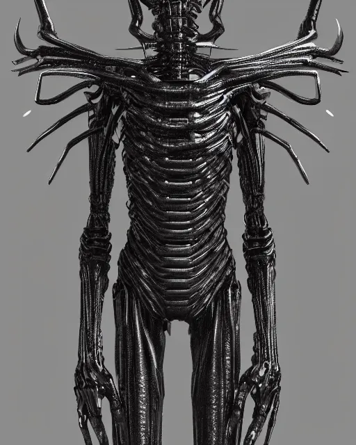 Image similar to H.R. Giger character design, black outfit with metallic and translucent parts. rib-cage is metallic. otherwordly humanoid. that steals faces. full body, render, trending on artstation, unreal engine 4k, detailed, Unreal engine, octane render