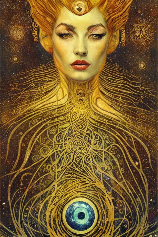 Prompt: The Lost Souvenir by Karol Bak, Jean Deville, Gustav Klimt, and Vincent Van Gogh, mystic eye, otherworldly, vintage well-worn postcard, lightning, fractal structures, arcane, inferno, inscribed runes, infernal relics, ornate gilded medieval icon, third eye, spirals