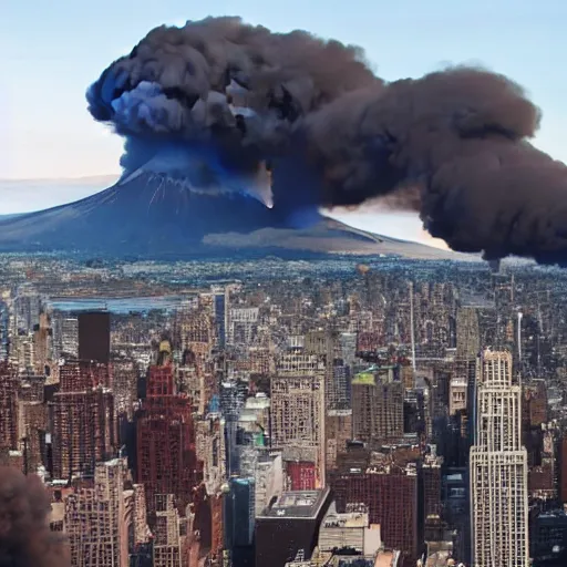 Prompt: realistic drone view of volcano in new york city, fire around, people running everywhere