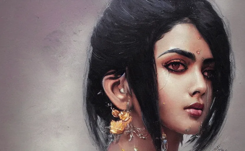 Image similar to a painting of a beautiful indian woman with black hair trending on artstation in the style of greg rutkowski