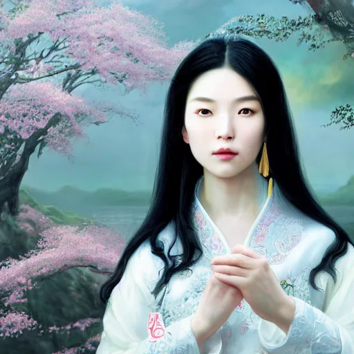 Prompt: a portrait of a young handsome Chinese prince, long black hair, golden eyes, elegant, intricate, backlit, incredible lighting, strong rim light, subsurface scattering, epic beautiful landscape, cherry trees, highly detailed, god rays, digital painting, by Heise Jinyao, Heise-Lian Yan Fang, Feimo, Rossdraws, HDRI, vivid colors, high contrast, 8k resolution, photorealistic