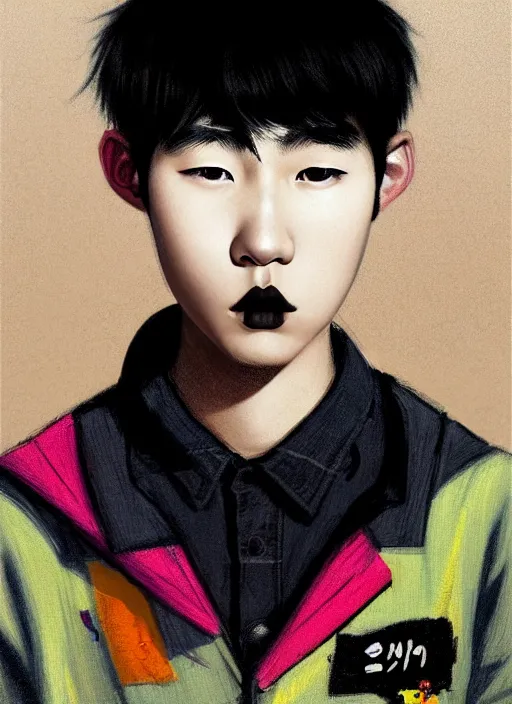 Prompt: portrait of an korean teen boy with a crooked nose and a confident expression, 1 9 6 0 s, black clothes, goth, punk, brightly coloured hair, funk, intricate, elegant, highly detailed, digital painting, artstation, concept art, smooth, sharp focus, illustration, art by wlop, mars ravelo and greg rutkowski