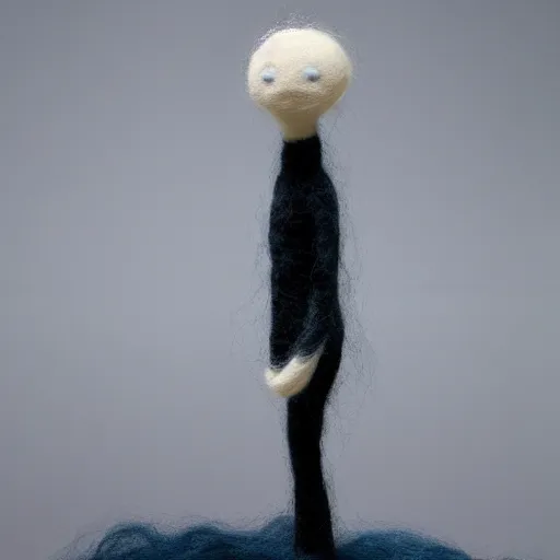 Image similar to A beautiful digital art of a human-like creature with long, stringy hair. The figure has no eyes, only a mouth with long, sharp teeth. The creature is standing on a cliff overlooking a dark, foreboding sea. needle felting by Shaun Tan, by Tony Oursler realistic