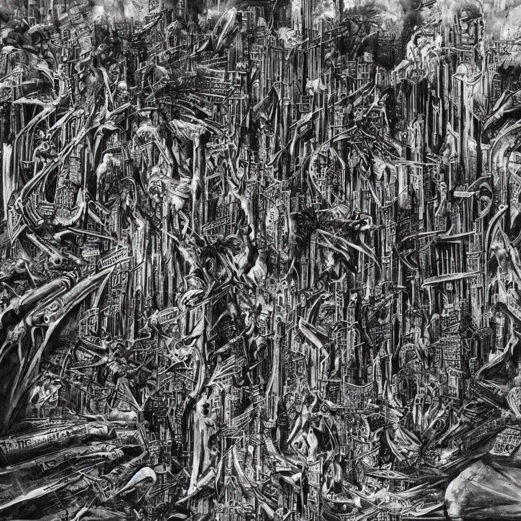 Prompt: the end times, destruction, city, in collaboration with H.R. Giger