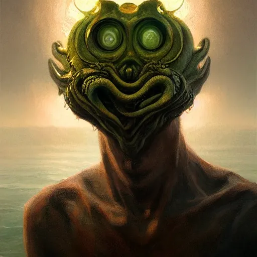 Image similar to cthulu portrait, dramatic light, lake background, 2 0 0 mm focal length, painted by stanley lau, painted by greg rutkowski, painted by stanley artgerm, digital art, trending on artstation